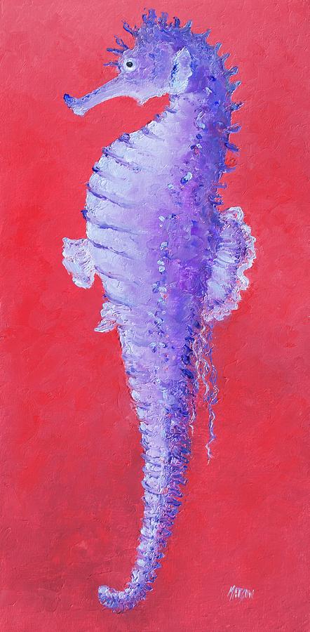 Seahorse painting on red background #1 Painting by Jan Matson