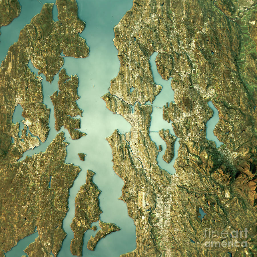 Seattle Digital Art - Seattle Topographic Map Natural Color Top View #1 by Frank Ramspott