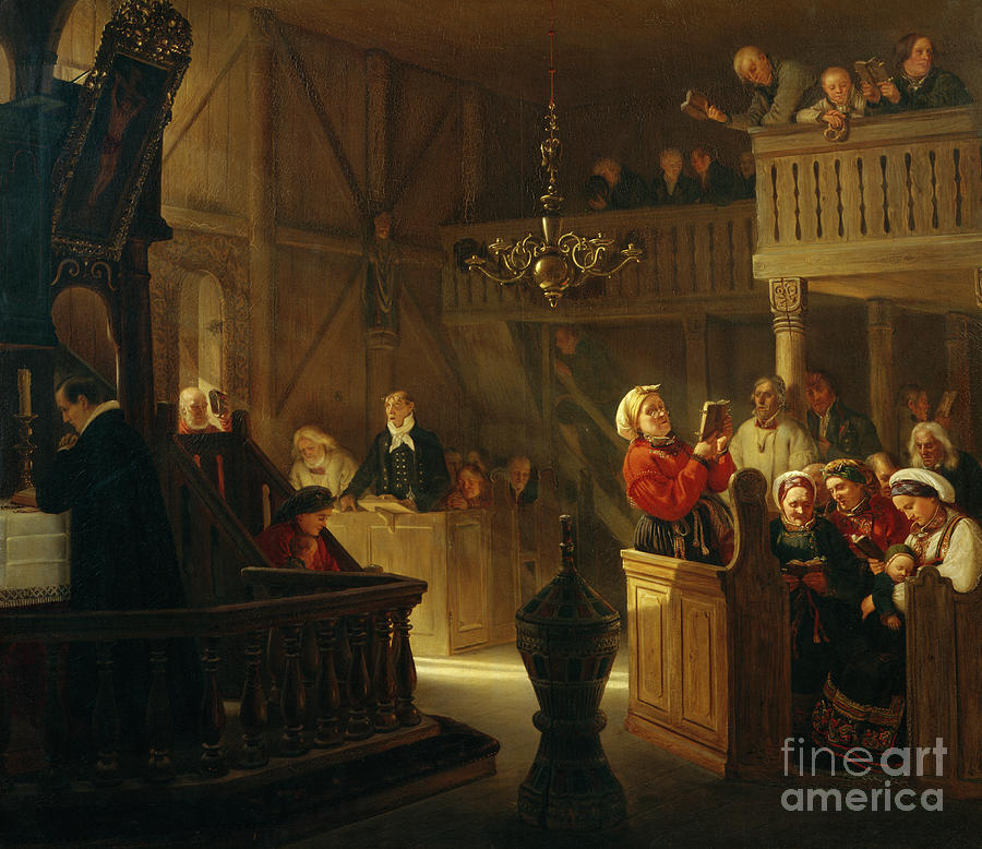 Service in a norwegian country church Painting by Adolph Tidemand