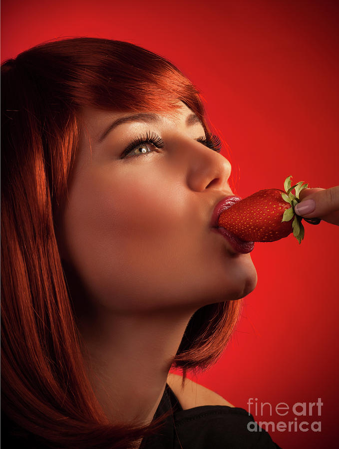 Sexy woman eating strawberry #1 Photograph by Anna Om