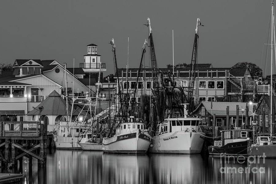 Black And White Photograph - Shem Creek at Night in Black and White by Dale Powell