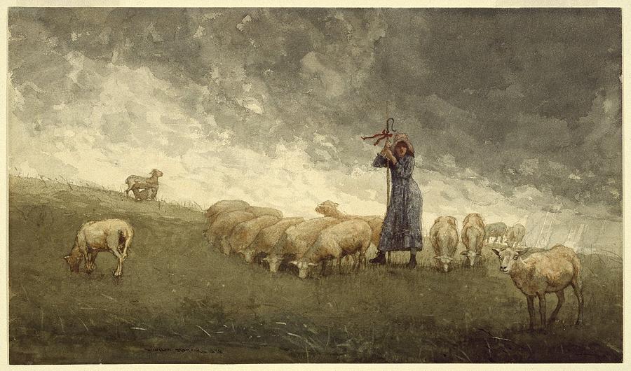 Shepherdess Tending Sheep #1 Painting by Winslow Homer