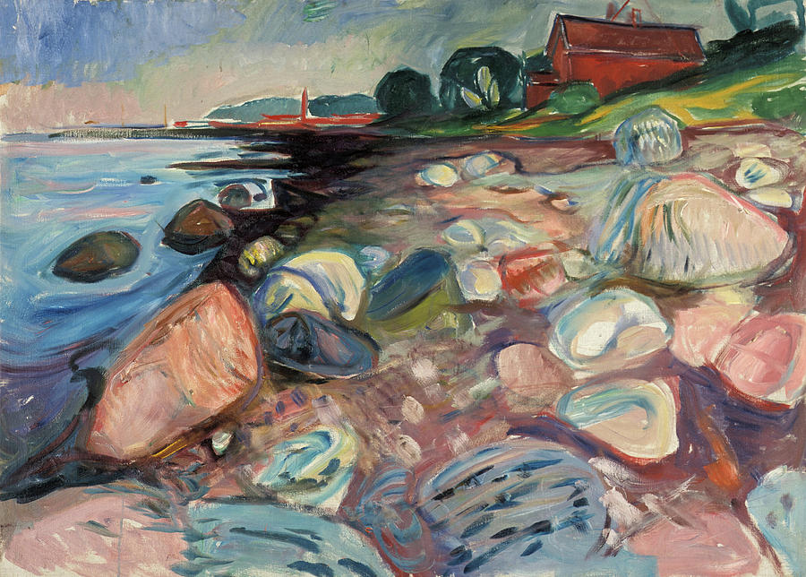 Shore with Red House Painting by Edvard Munch