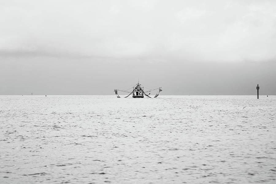 Shrimp Boat in the Pass - BW Photograph by Scott Pellegrin