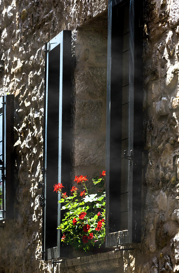 Shuttered window with red Geranium, Saint Paul de Vence, France #1 Photograph by Maggie Mccall