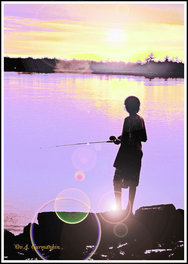 Silhouetted Boy Fishing at Sunset #1 Digital Art by A Macarthur Gurmankin