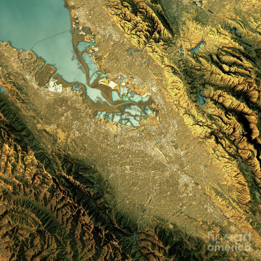 San Jose Digital Art - Silicon Valley Topographic Map Natural Color Top View #1 by Frank Ramspott