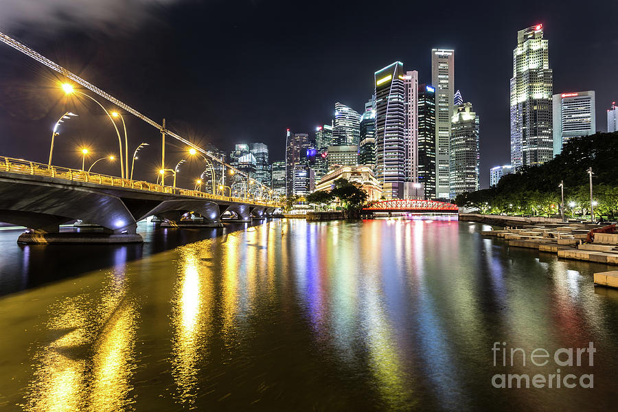 Singapore river at night with financial district in Singapore #1 Photograph by Didier Marti