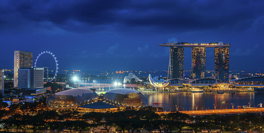 Sityscape of Singapore city on night time #1 Photograph by Anek Suwannaphoom