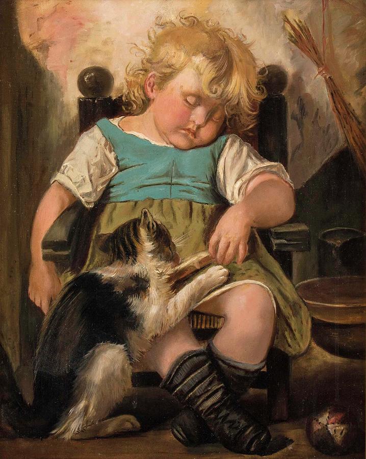 Sleeping Girl on chair with cat #1 Painting by MotionAge Designs