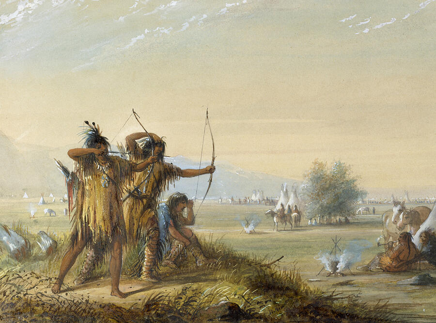 Snake Indians - Testing Bows, from 1858-1860 Painting by Alfred Jacob Miller