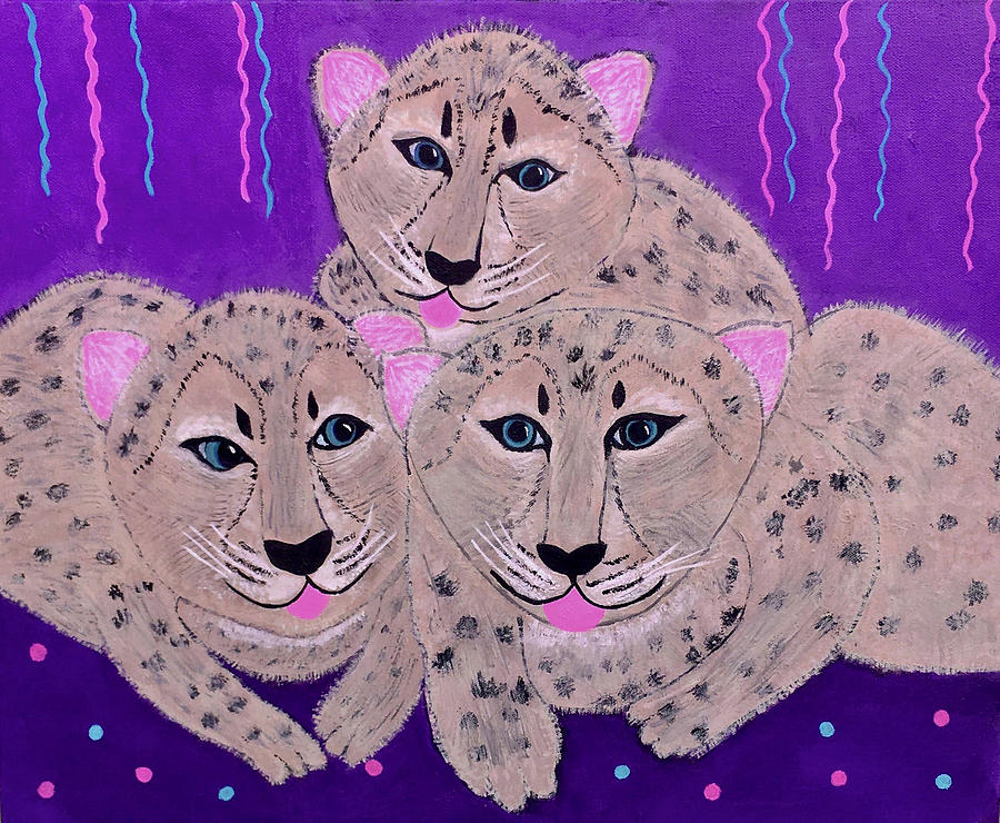 Snow Leopard Cubs Birthday Party  Painting by Sue Gurland