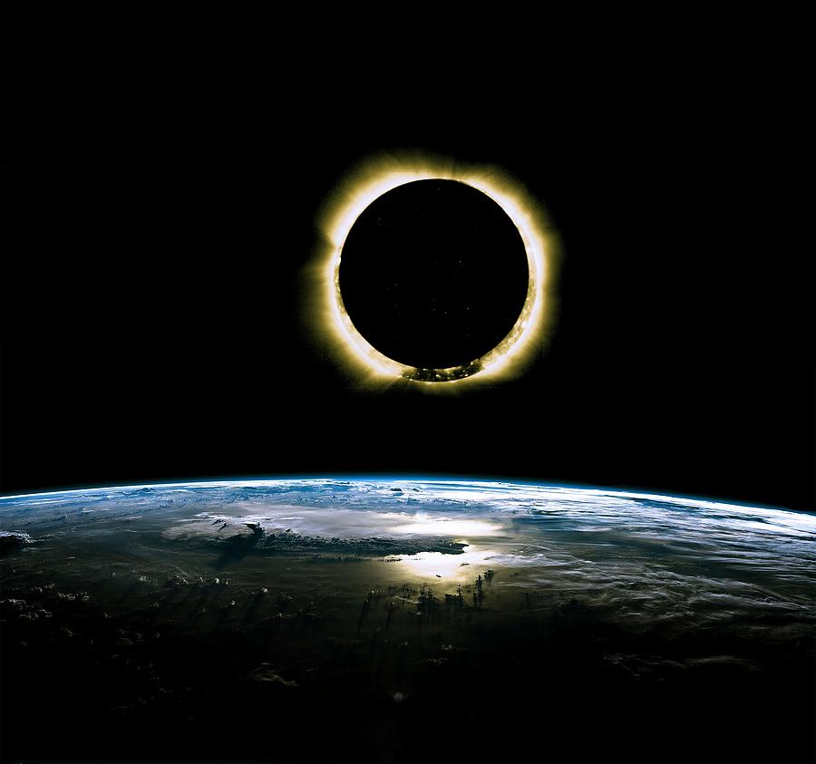 Solar Eclipse from above the earth - Infrared View #1 Painting by Celestial Images