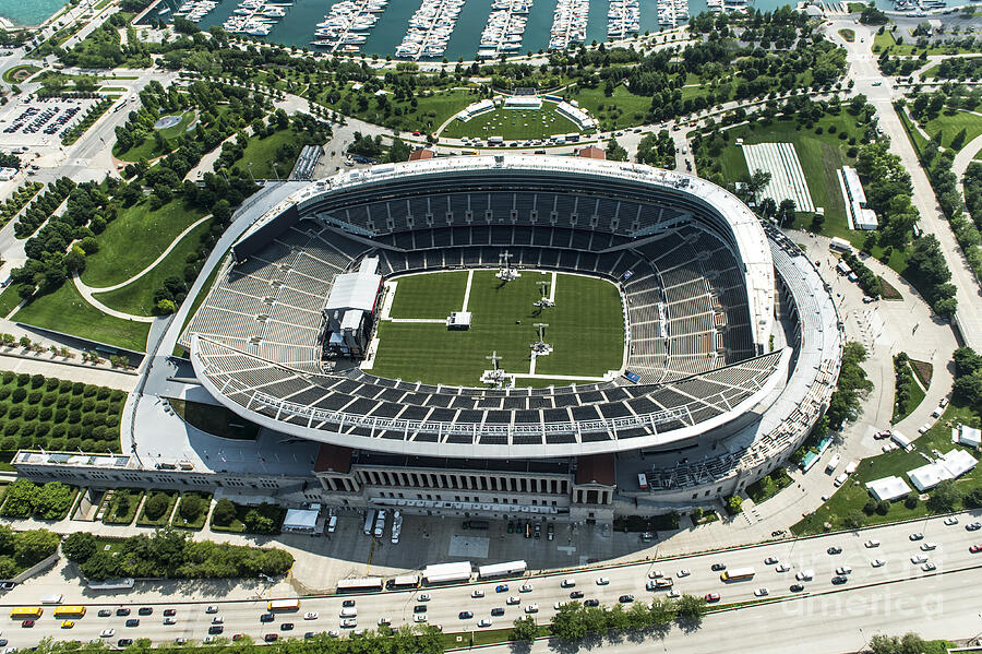 Aerial view of a stadium, Soldier Field, Lake Shore Drive, Chicago, Cook  County, Illinois Solid-Faced Canvas Print