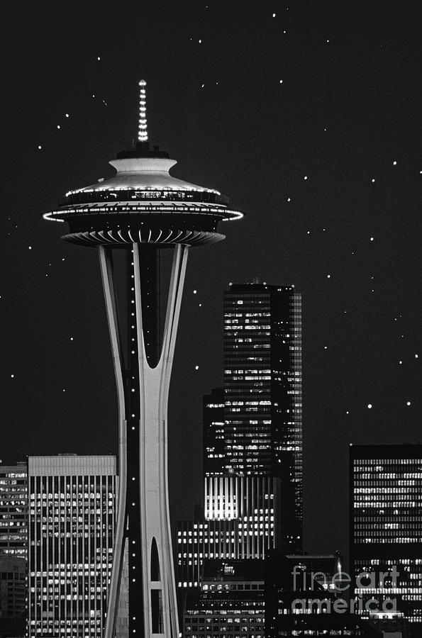 Retro Image of Space Needle and Star Lights Photograph by Jim Corwin