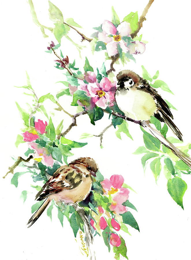 Sparrows And Apple Blossom #1 Painting by Suren Nersisyan
