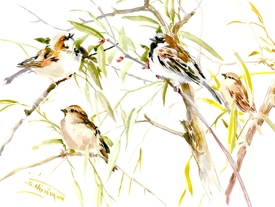 Sparrows #1 Painting by Suren Nersisyan