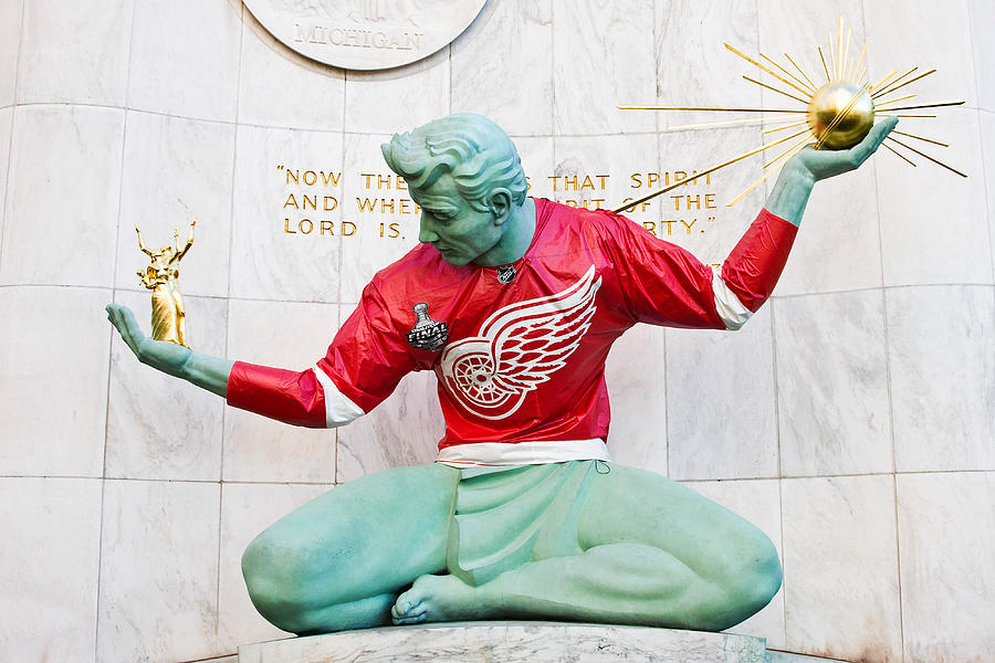 Spirit Of Detroit In Red Wing Jersey Photograph by James Marvin Phelps