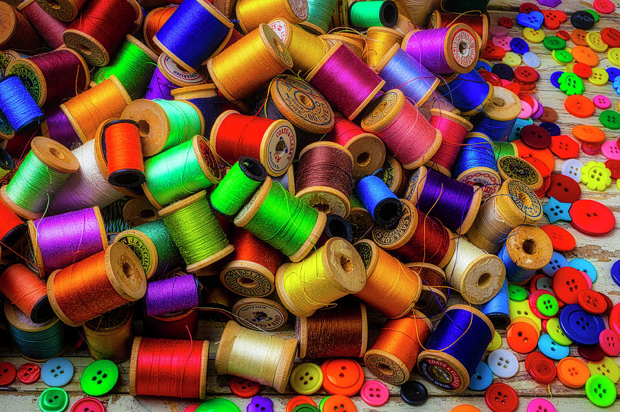 Still Life Photograph - Spools Of Thread With Buttons #2 by Garry Gay