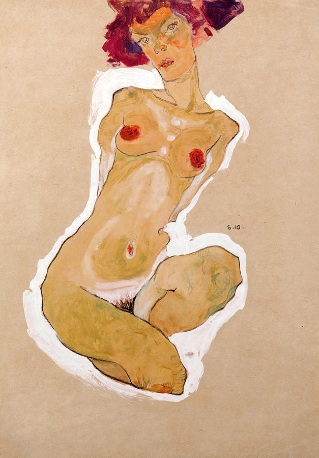 Egon Schiele Drawing - Squatting Female Nude by Egon Schiele