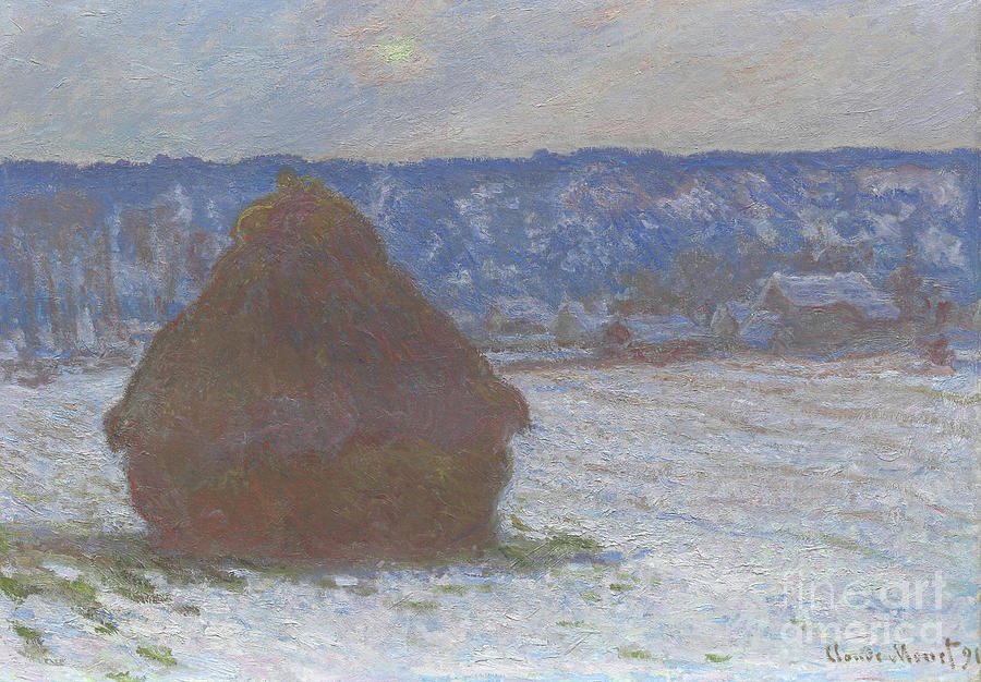 Stack of Wheat Snow Effect, Overcast Day Painting by Claude Monet