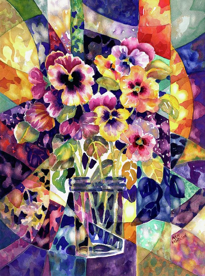 Stained Glass Pansies Painting by Ann Nicholson