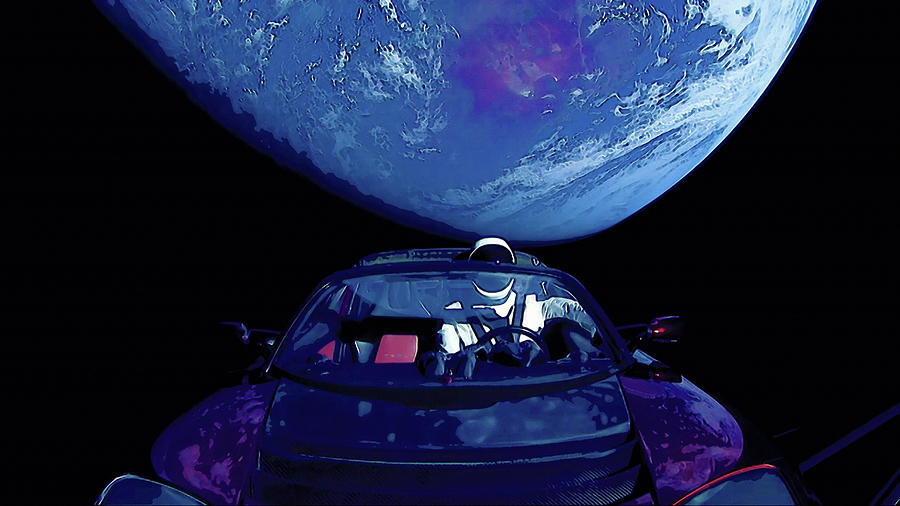 Starman In Tesla Roadster With Planet Earth traveling in the Space and the East coast of Australia i #1 Painting by Celestial Images