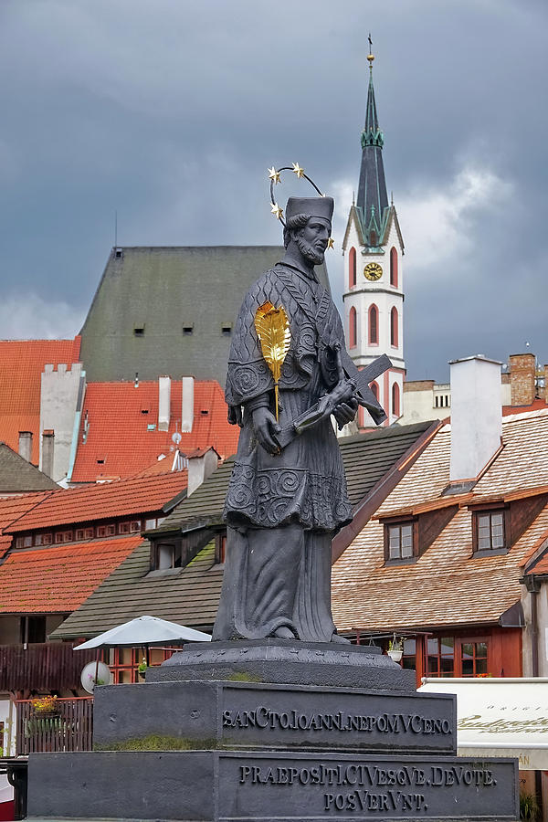 Statue of Saint John of Nepomuk On Lazebnicky Bridge At Cesky Krumlov In The Czech Republic #1 Photograph by Rick Rosenshein