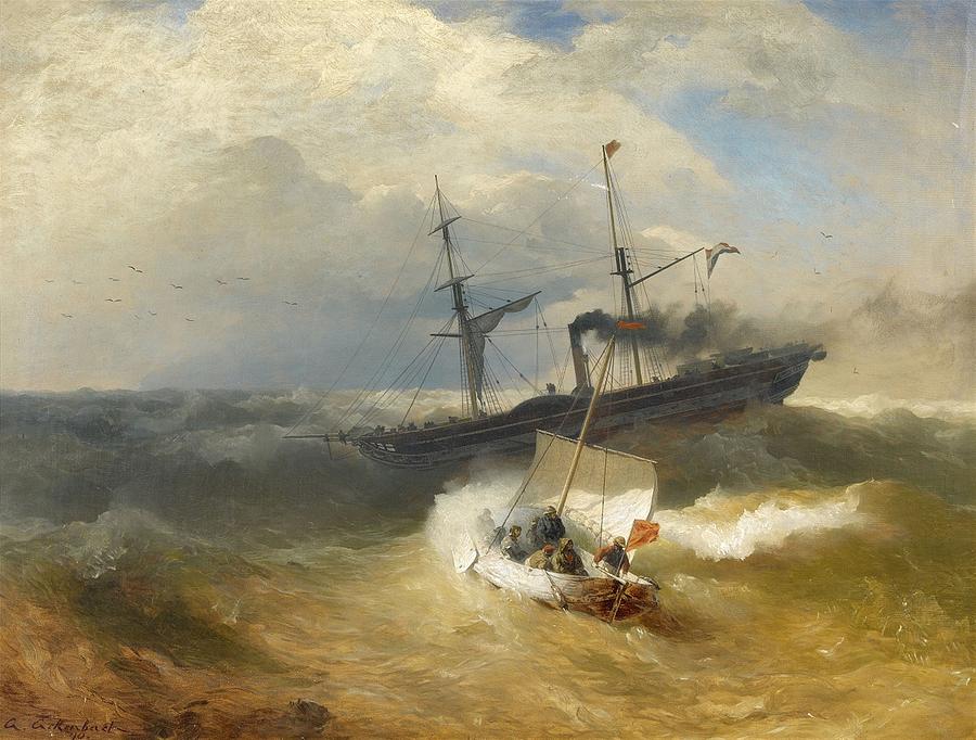 Steam Ship and Sailing Boat in Rough Seas Painting by Andreas Achenbach