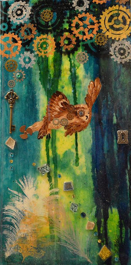Steampunk Owl Blue Horizon Painting by MiMi Stirn