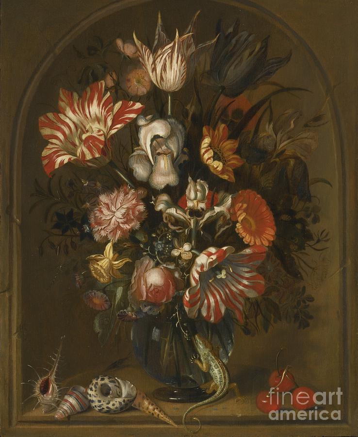 Still Life Of Flowers In A Glass Vase Within A Niche Painting by MotionAge Designs