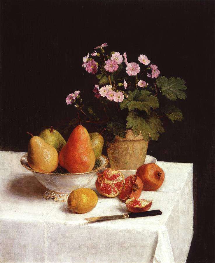 Still Life Primroses, Pears and Pomegranates #1 Painting by Henri Fantin-Latour