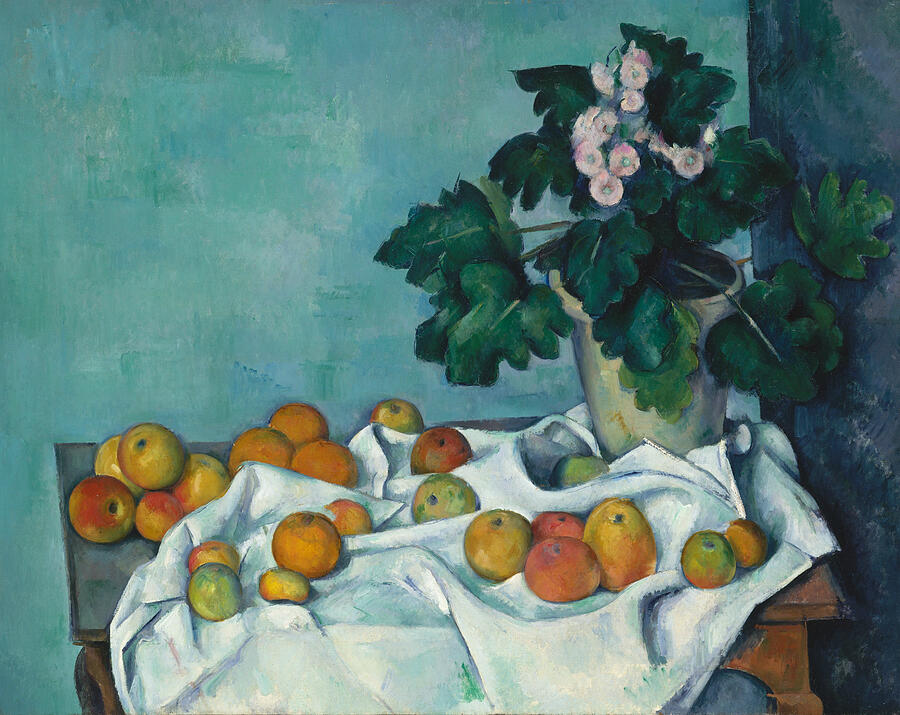 Still Life with Apples and a Pot of Primroses, from circa 1890 Painting by Paul Cezanne
