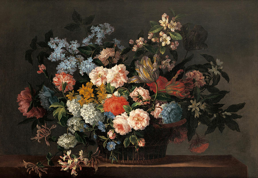 Still life with basket of flowers #1 Painting by Jean-Baptiste Monnoyer