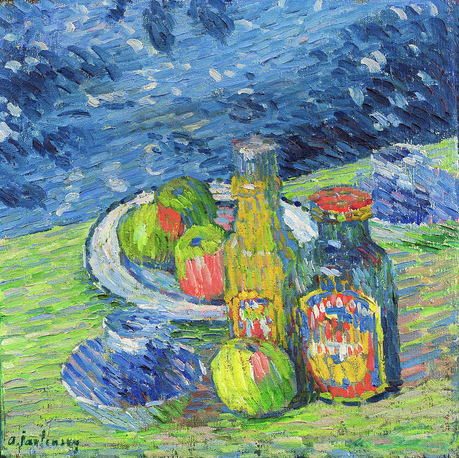 Still Life with Bottles and Fruit #1 Painting by Alexej von Jawlensky