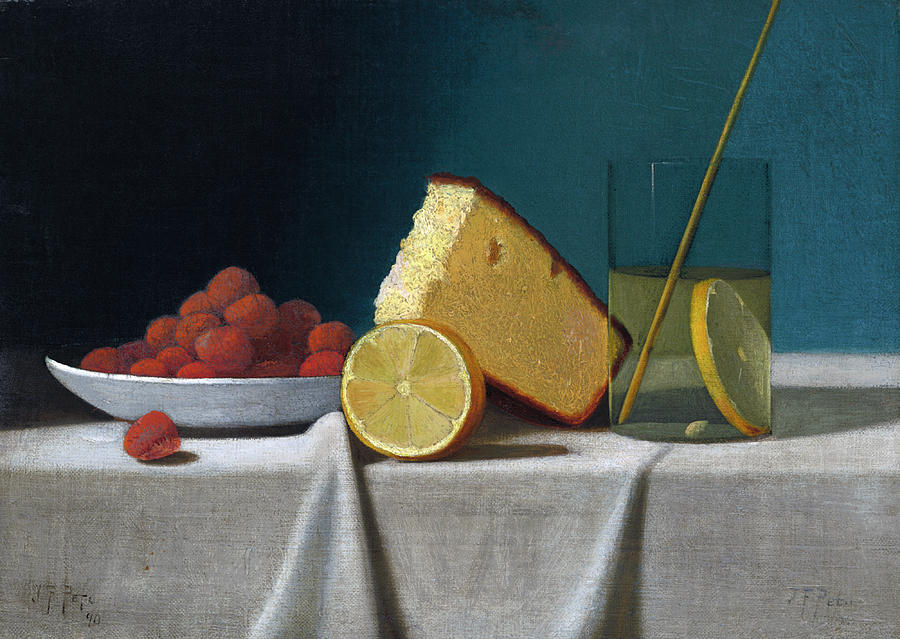 Still Life with Cake, Lemon, Strawberries, and Glass #1 Painting by John Frederick Peto