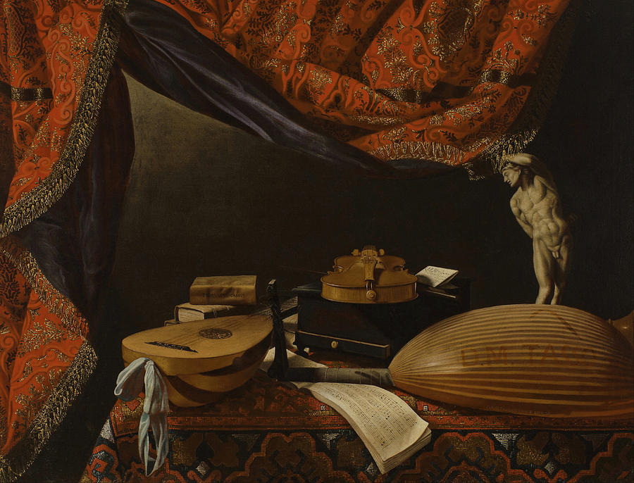 Still life with Musical Instruments, Books and Sculpture #1 Painting by Evaristo Baschenis