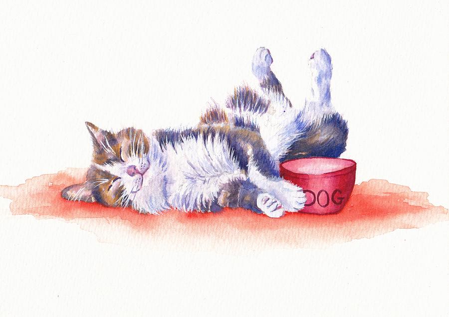 Cat Painting - Contented Cat - Stolen Lunch by Debra Hall