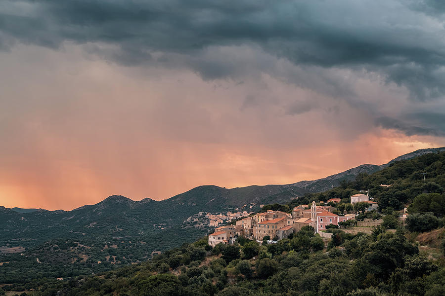 Stormy Sunrise Over Village Of Costa In Corsica Photograph