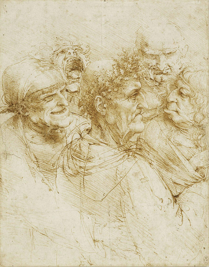 Leonardo Da Vinci Drawing - Study of five grotesque heads #1 by Leonardo da Vinci