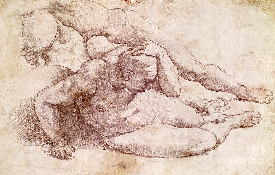 Raphael Drawing - Study of Three Male Figures  by Michelangelo