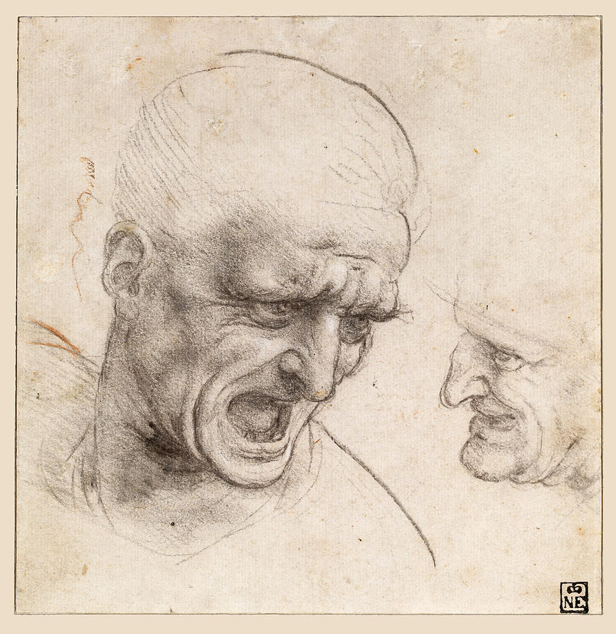 Study of Two Warriors Heads for the Battle of Anghiari #1 Drawing by Leonardo Da Vinci