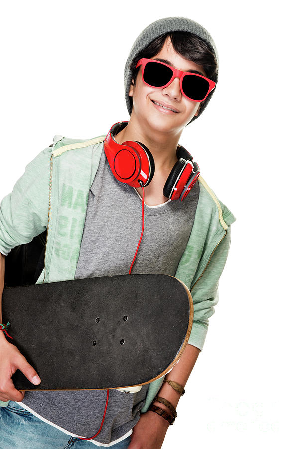 Cute teen boy with skateboard Art Print by Anna Om - Fine Art America