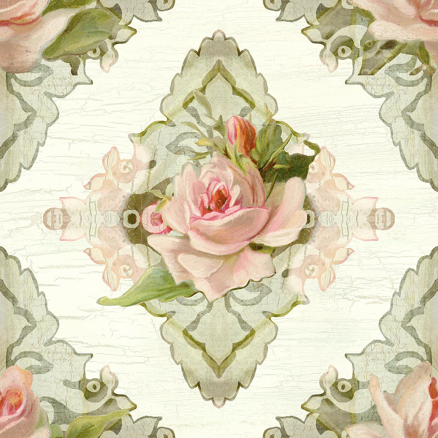Summer At The Cottage - Vintage Style Damask Roses Painting by Audrey Jeanne Roberts