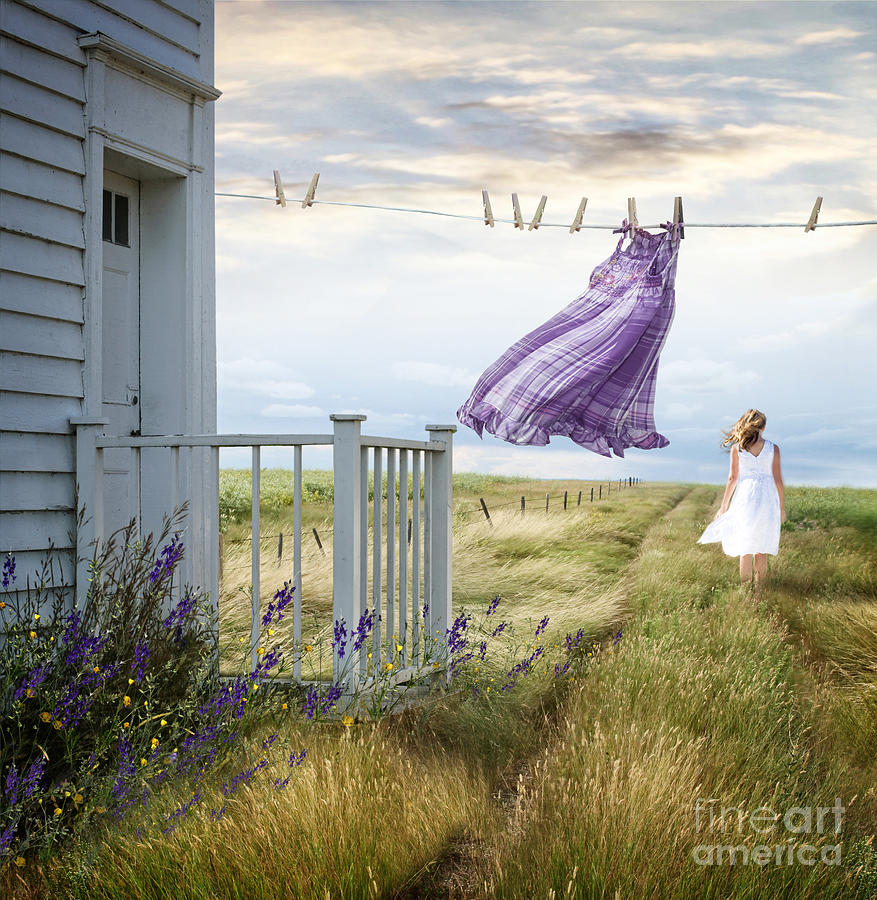 Nature Photograph - Summer dress blowing on clothesline with girl walking down path #3 by Sandra Cunningham