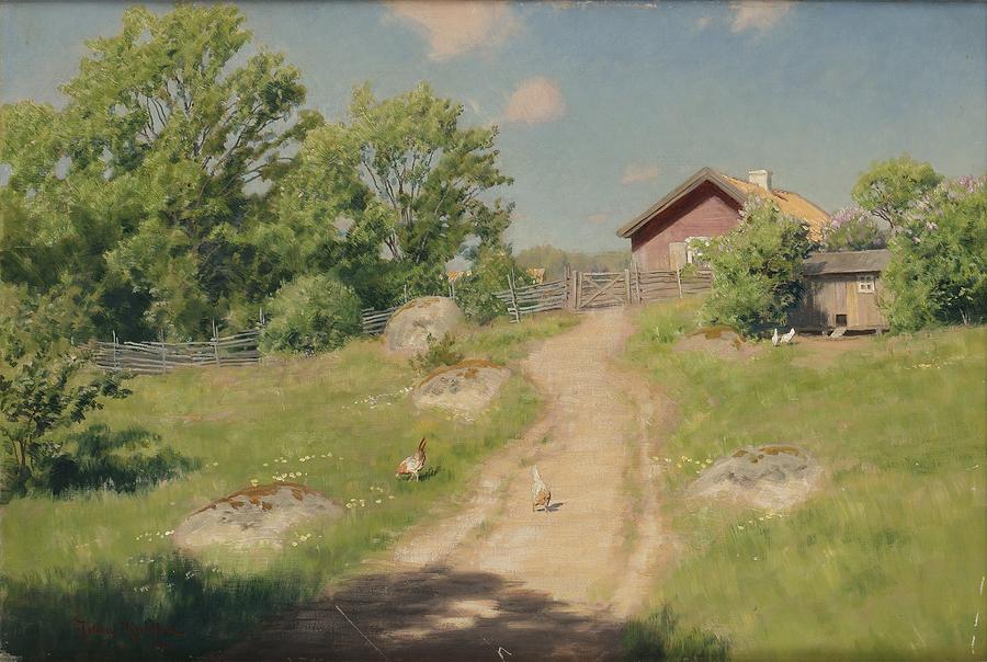 Summer Landscape With Pecking Hens #1 Painting by MotionAge Designs
