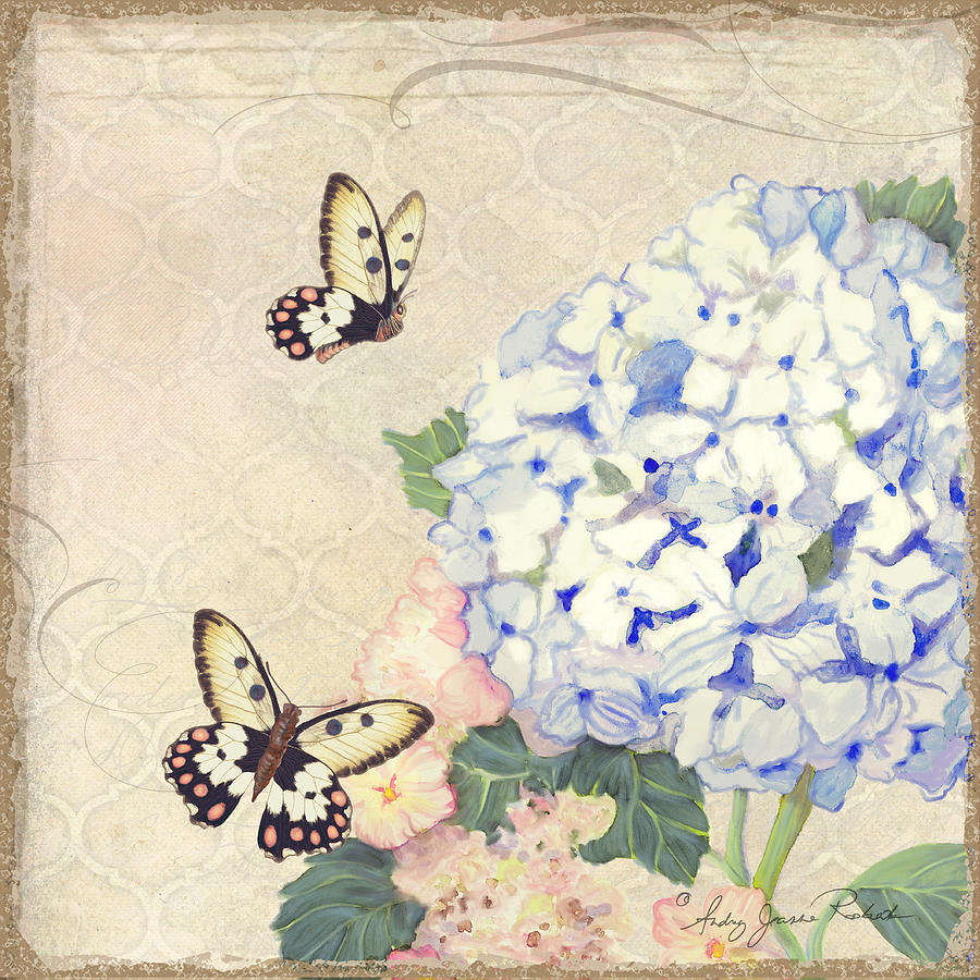 Summer Painting - Summer Memories - Blue Hydrangea n Butterflies #1 by Audrey Jeanne Roberts