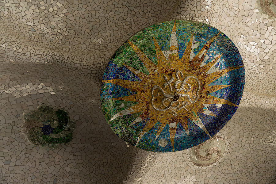 Stylized Sun - Antoni Gaudi Ceiling Medallion at Hypostyle Room in Park Guell - Right Horizontal Photograph by Georgia Mizuleva