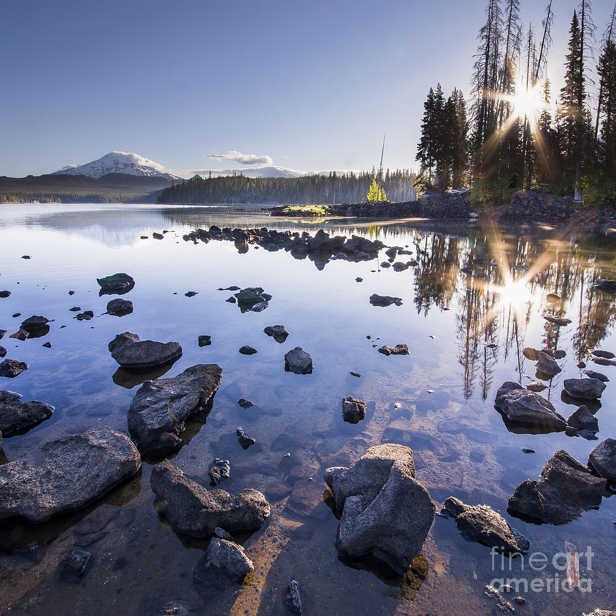 Mountain Photograph - Sunburst reflection on Elk Lake #1 by Twenty Two North Photography
