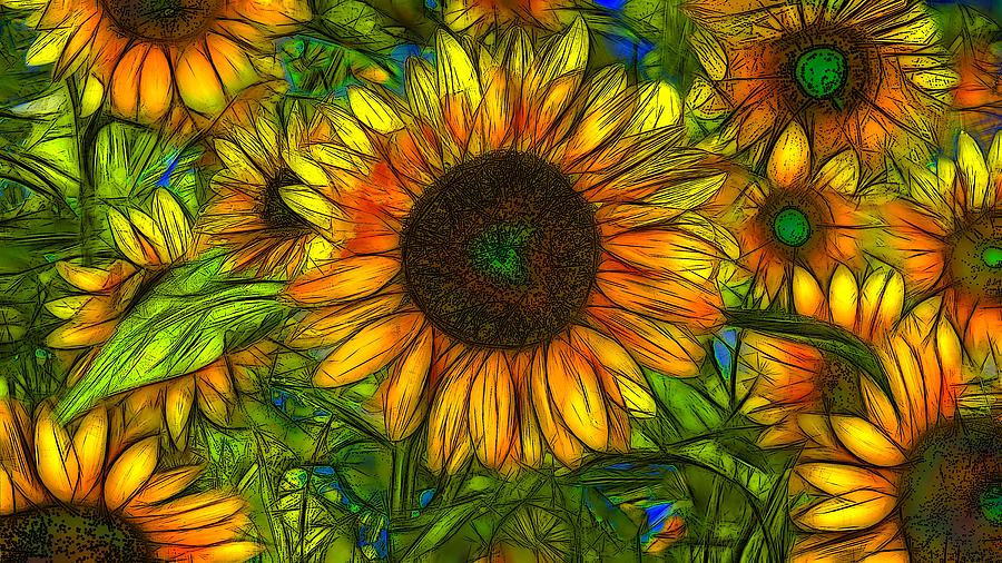 Flower Digital Art - Sunflowers #2 by Jean-Marc Lacombe